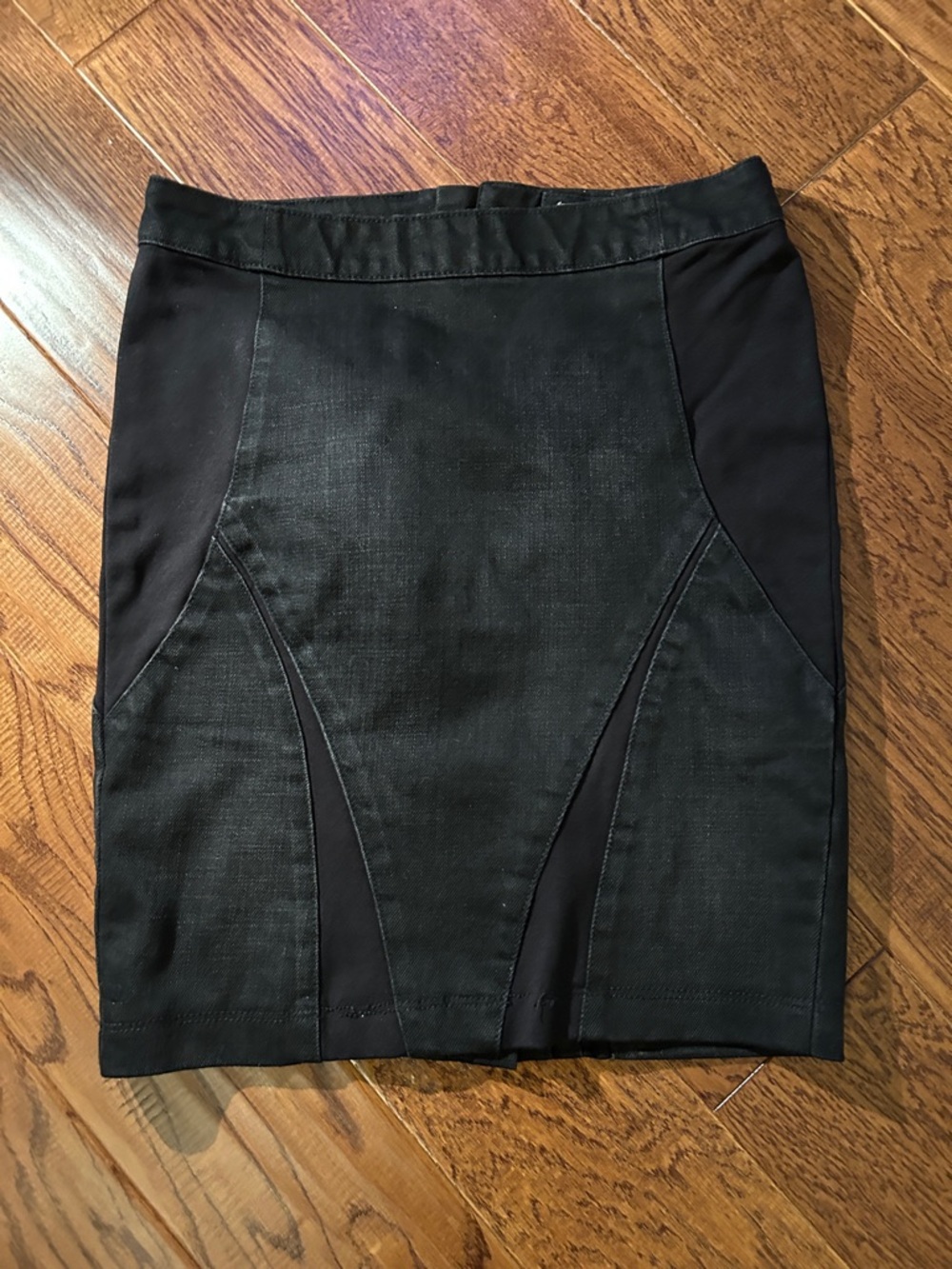 Karen Millen Black Denim Pencil Skirt with Stretch Ponte Added Panels
